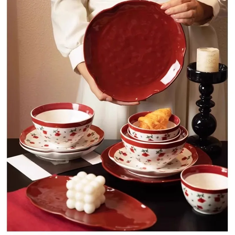 

Cutlery set for household use, red bowls, tableware, French wedding gift