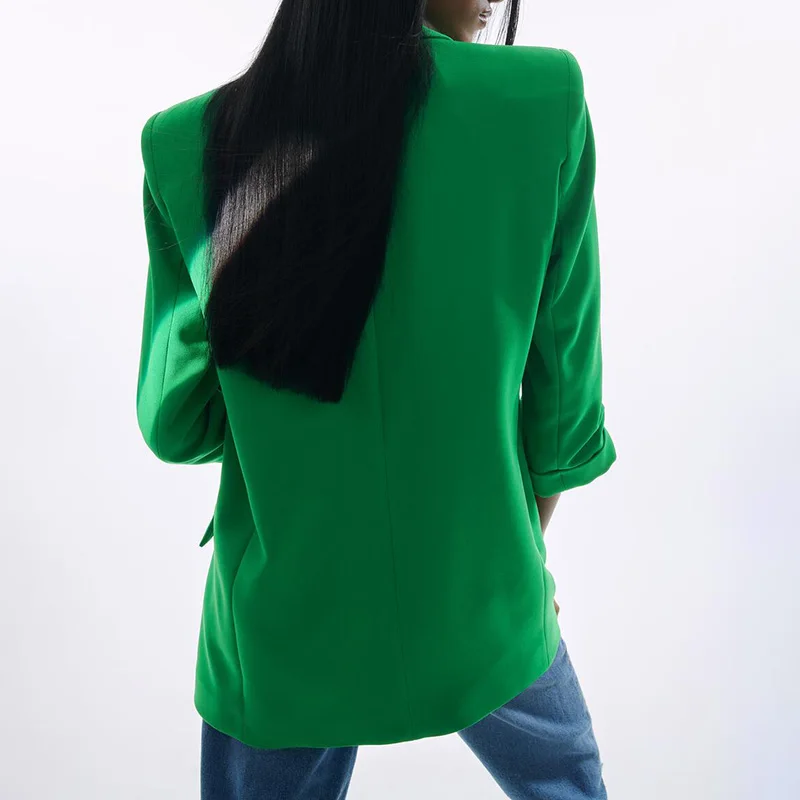 Chaqueta informal holgada con muescas para mujer, chaquetas elegantes de manga enrollable verde, trajes rectos con bolsillos para primavera