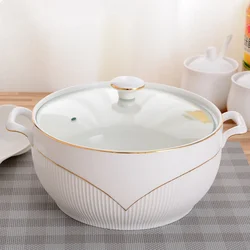 Ceramic Soup Pot Nordic Phnom Penh White Round 2.6L Large Bowl with Lid Cooking Utensils Household Kitchen Supplies Tableware