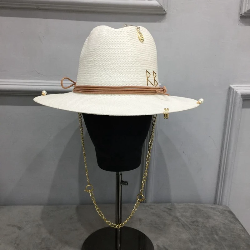 2021 new arrival straw hat for women with chains shells pearls white panama hat sun hat in summer