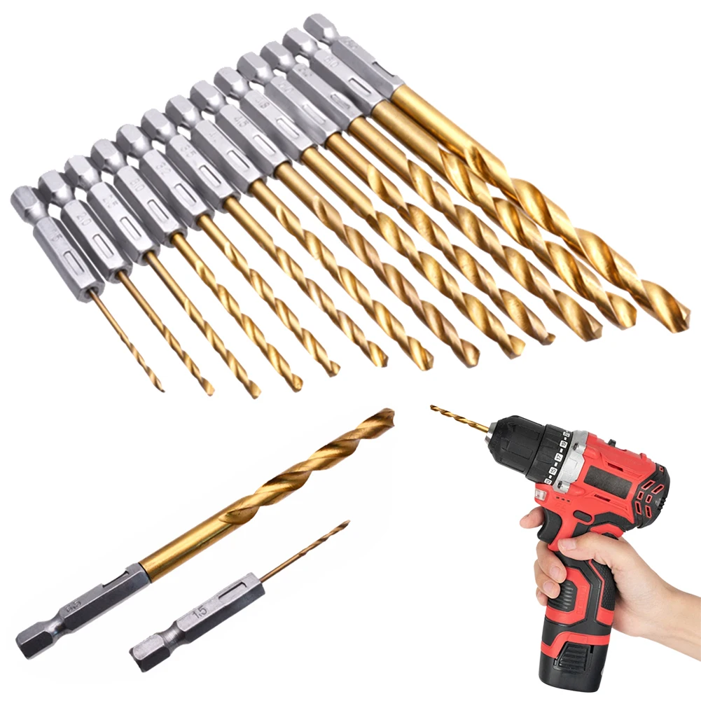 13 PCS 1/4inch Hex Drill Bit Set Titanium Coated HSS Twist Impact Drill Bit Set 1.5-6.5mm for Wood Plastic Aluminum Alloy Metal