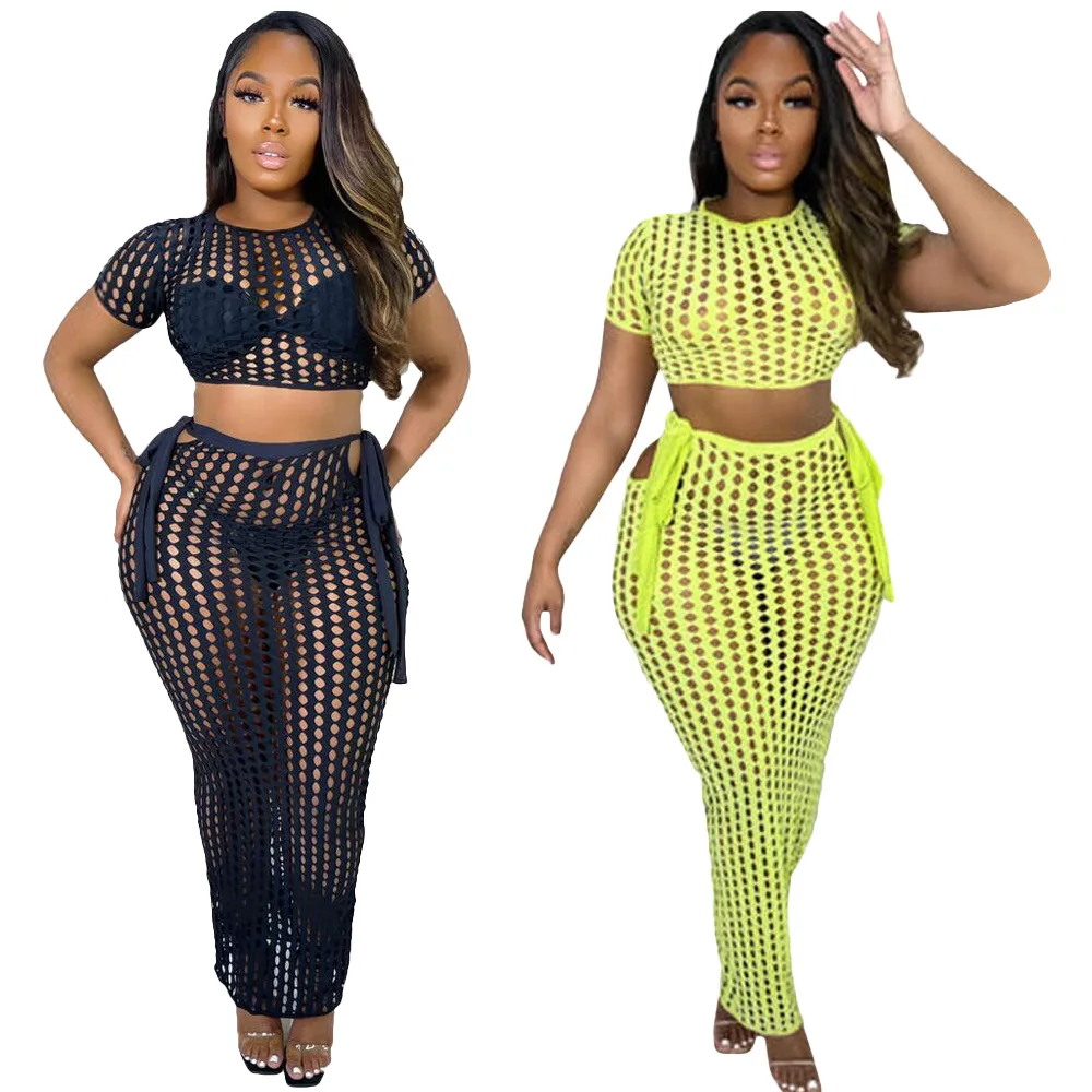 

Summer Sexy Two 2 Piece Set Women Outfits 2022 Hollow Out Short Sleeve Crop Top Skirts Black Matching Sets Female