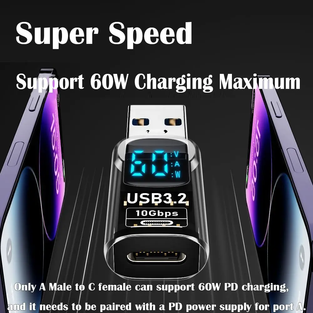 1 Stuks Digitale Led Display Usb 3.2 Adapter 10Gbps 36-60W Power Meter Tester Slimme Chip Datatransmissie Usb C Extensie