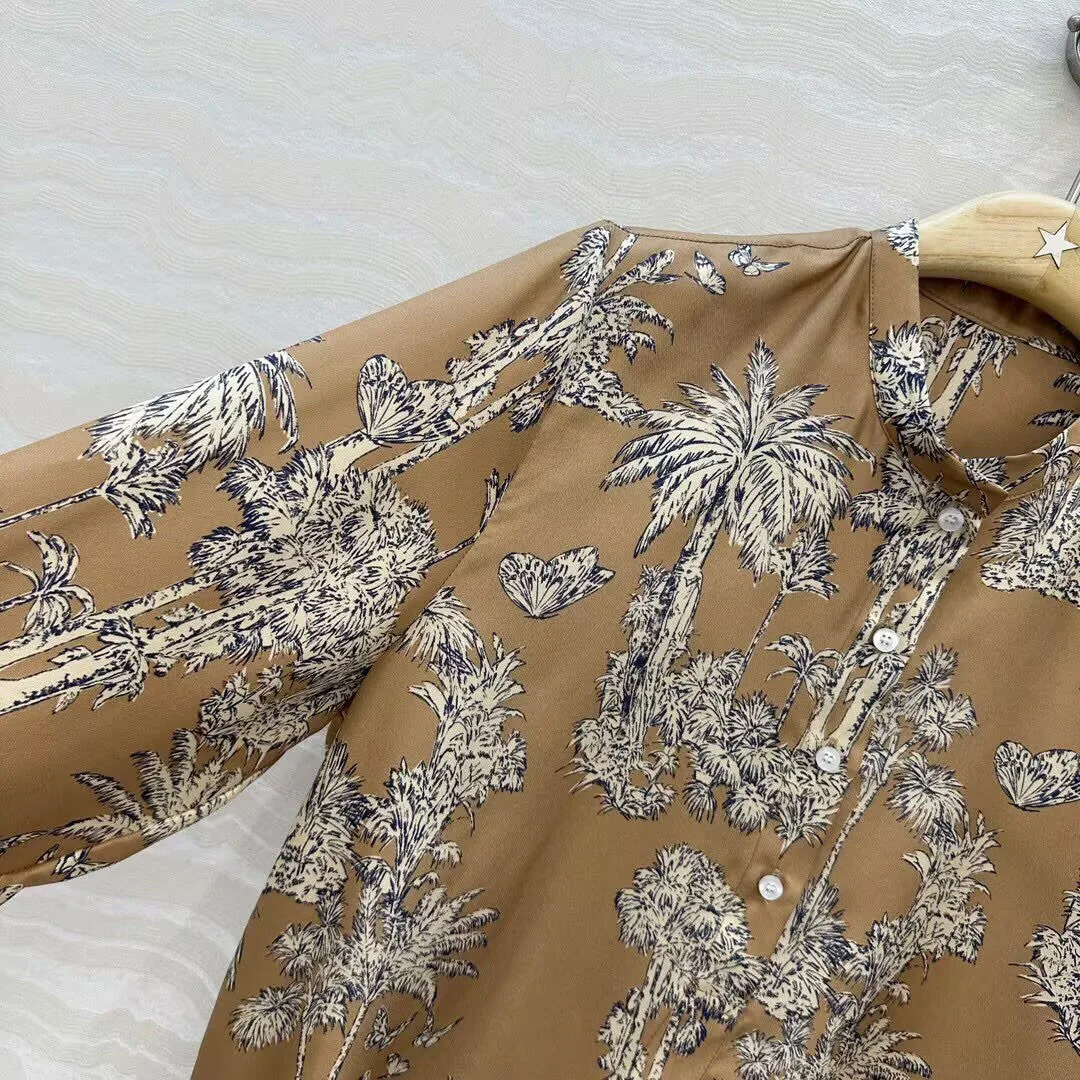 2025 nuevo otoño Vintage estampado de árbol de coco mariposa 100% Camisa larga de seda mujeres cuello redondo manga larga blusa Casual suelta Tops