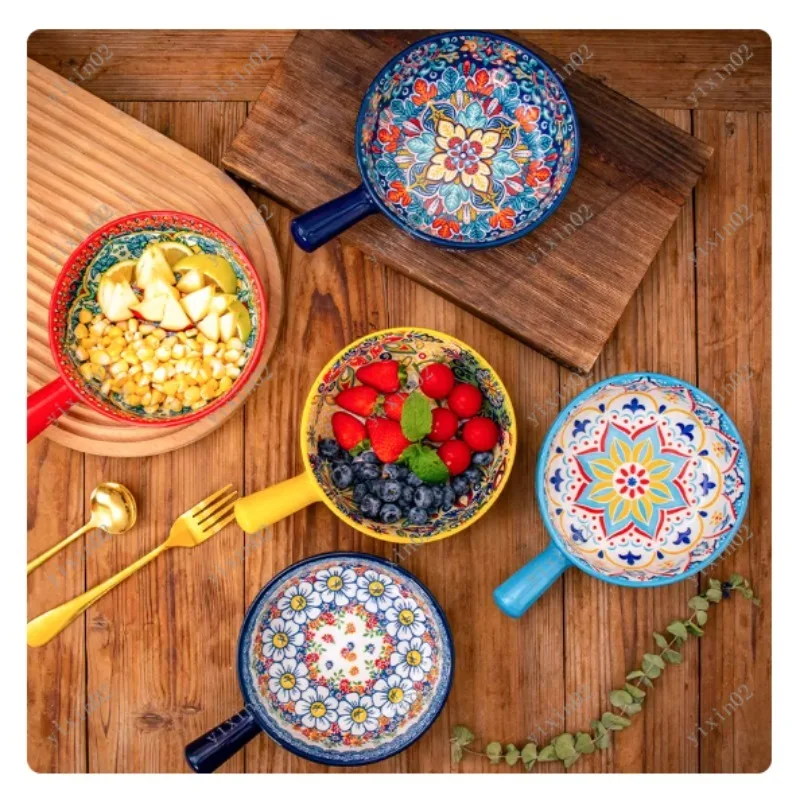 1PC Hand-Painted Ceramic Salad Bowl with Handle Embossed Microwave And Oven Safe Kitchen Bakeware