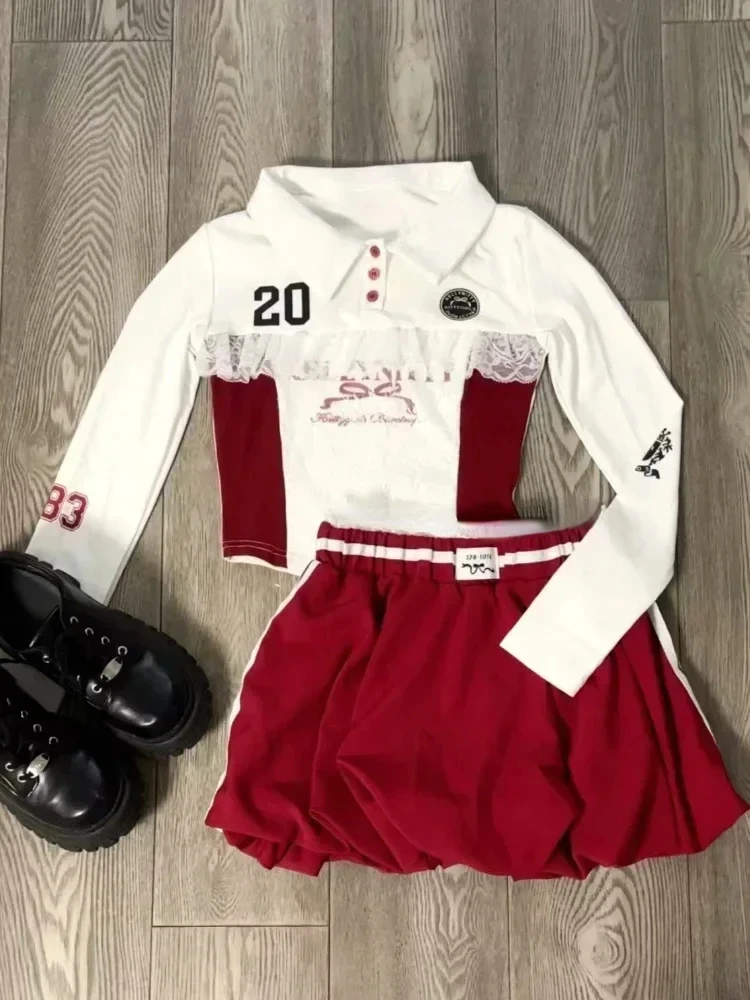 Autumn Y2k Elegant 3 Piece Set Woman Spicy Girls Plaid Bra + White Print Long Sleeve Tops + Red Chic Mini Skirt Korean Fashion