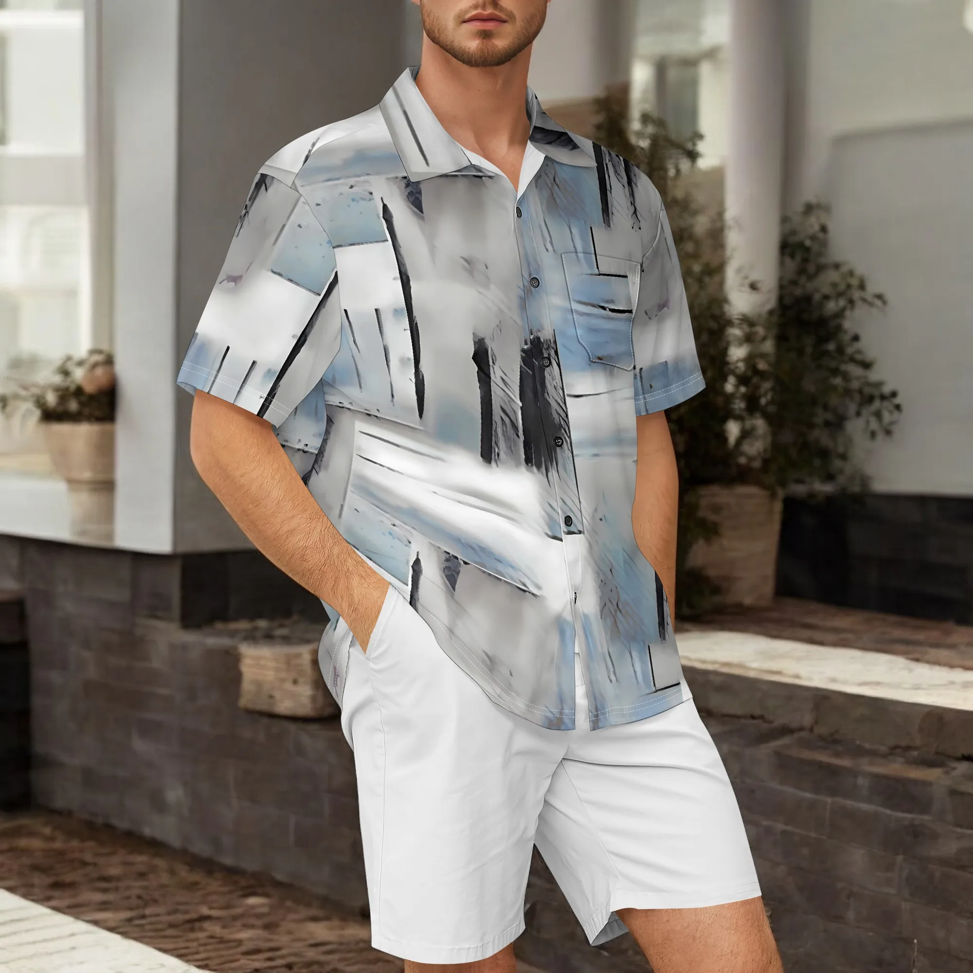 YEAE Ink Wash Print Shirt for Men Summer Casual Short Sleeve Top