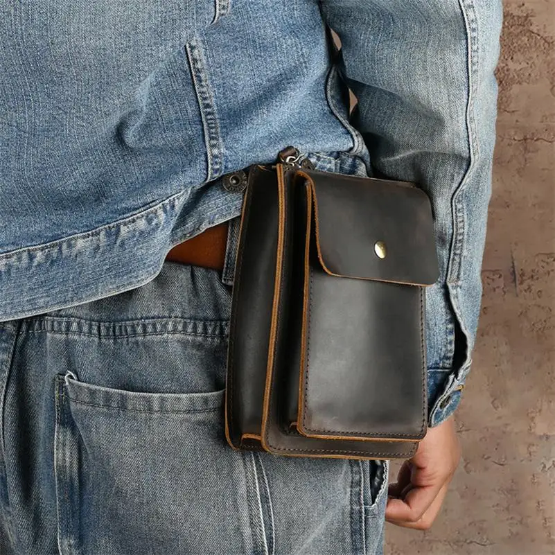 

Ретро-сумка на пояс из натуральной кожи для мужчин, сумка для телефона 6 дюймов, из натуральной воловьей кожи, на пояс, на одно плечо
