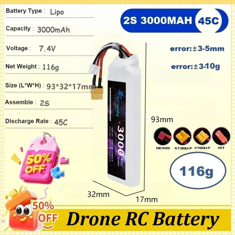 

7.4V 3000mAh 2S 45C LiPo Battery for RC Quadcopter Helicopter Car Boat Drones Spare Parts Battery with T/ XT60/ XT30 /JST plug