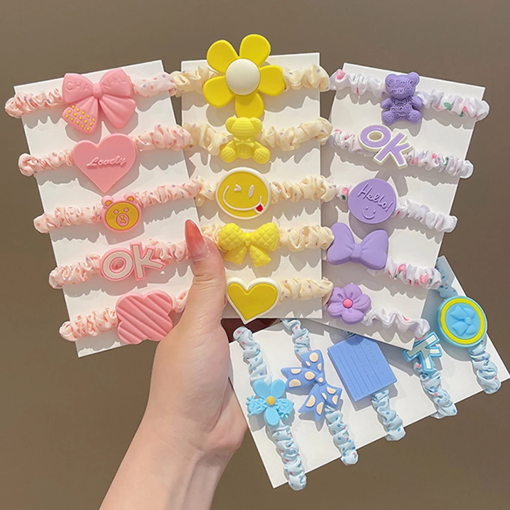 Chouchous en forme d'ours de dessin animé, 5 pièces/ensemble, breloques en forme de cœur, couleur bonbon, attaches en Satin, support queue de cheval, cordes pour cheveux, couvre-chef pour enfants filles