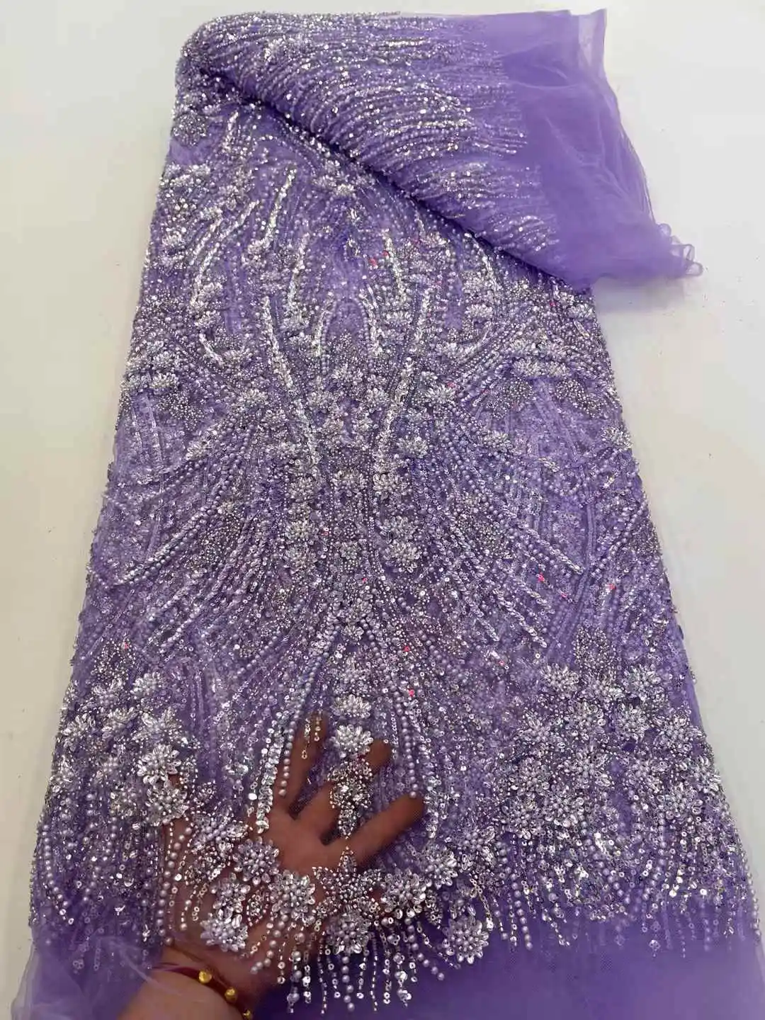 African Beaded Lace Tulle Fabric Heavy Handmade Swiss Sequin Fabric Nigerian Wedding Prom Dress Sew High Quality -XC