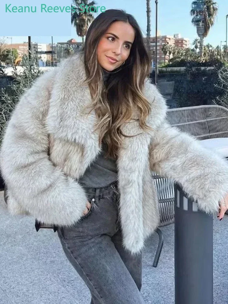 Fashion Solid Faux Fur Lapel Women Jackets Chic Commuting Warm Thick Long Sleeve Coat 2025 New Winter Lady High Street Outerwear