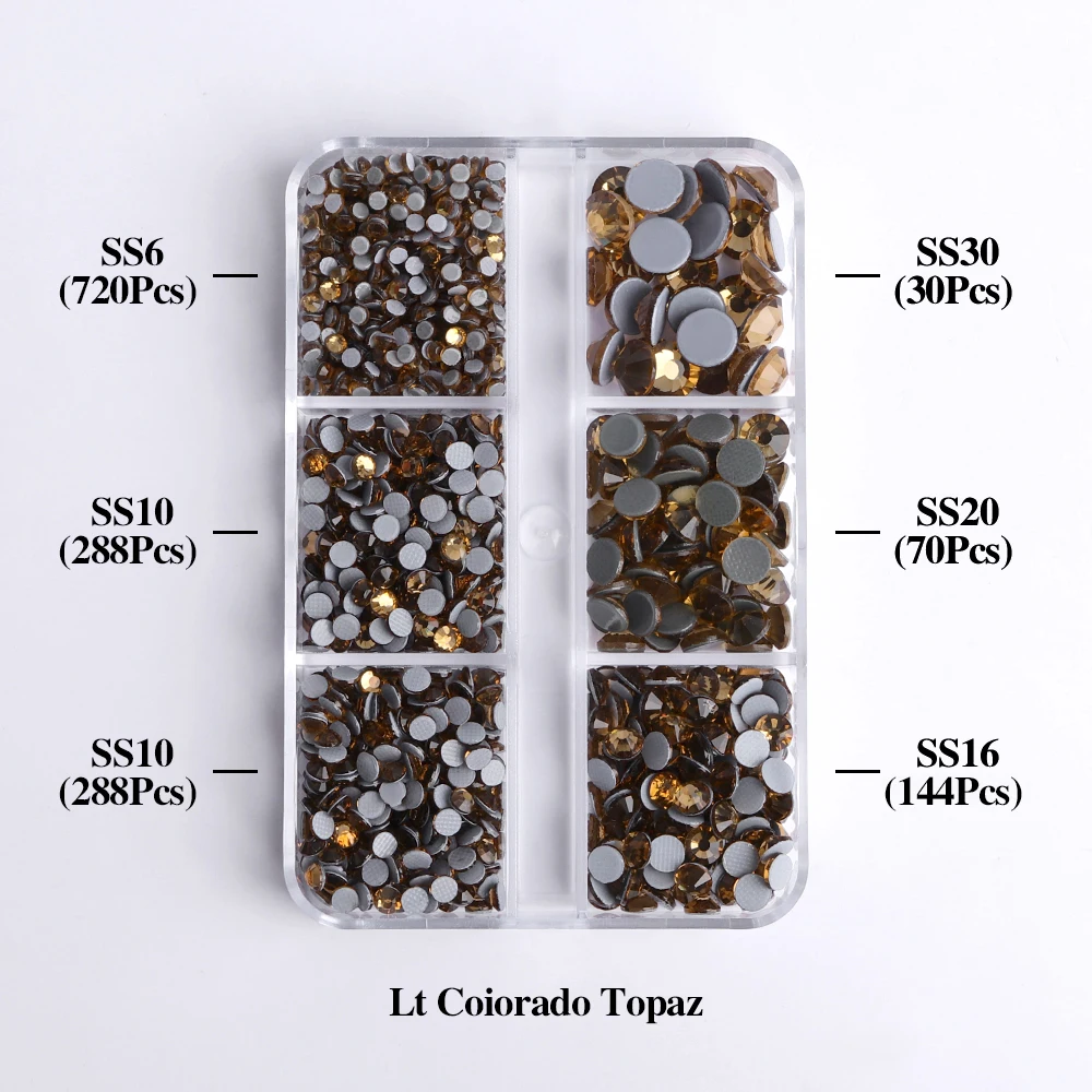 SS6-SS30 Gemengde Maten Glas Hotfix Steentjes 6Grid Box Platte Achterkant Glitter Kristal Strass Ijzer Op Steentjes voor Kleding