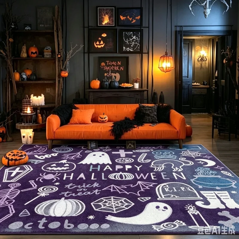 Colorful Halloween Doodle Element Print Large Area Floor Rug,Spooky Holiday Themed Home Carpet for Living Room,Indoor Decoration