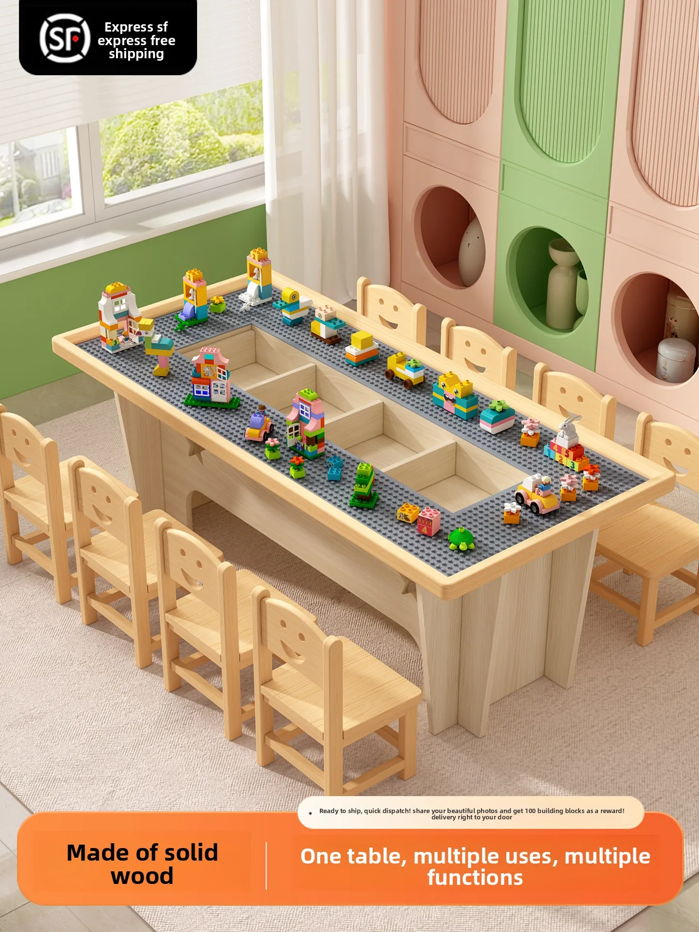 Modern Solid Wood Children's Building Block Table Multi-functional Educational Large-piece Assembly Toy School & Home Use