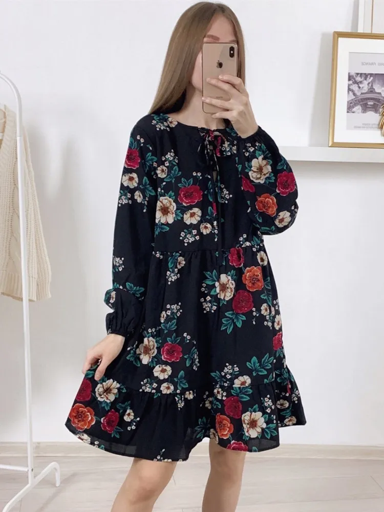 Msfilia Elegant Autumn Winter Ruffles Print Dress Women O-neck Full Sleeve High Waist Floral Dress Female Black