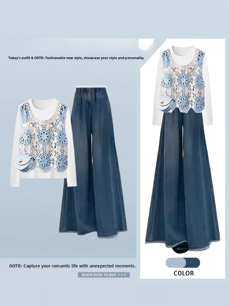 

Комплект из двух предметов: футболка с круглым вырезом и джинсы с широкими штанинами в корейском стиле для ранней осени, повседневный, модный