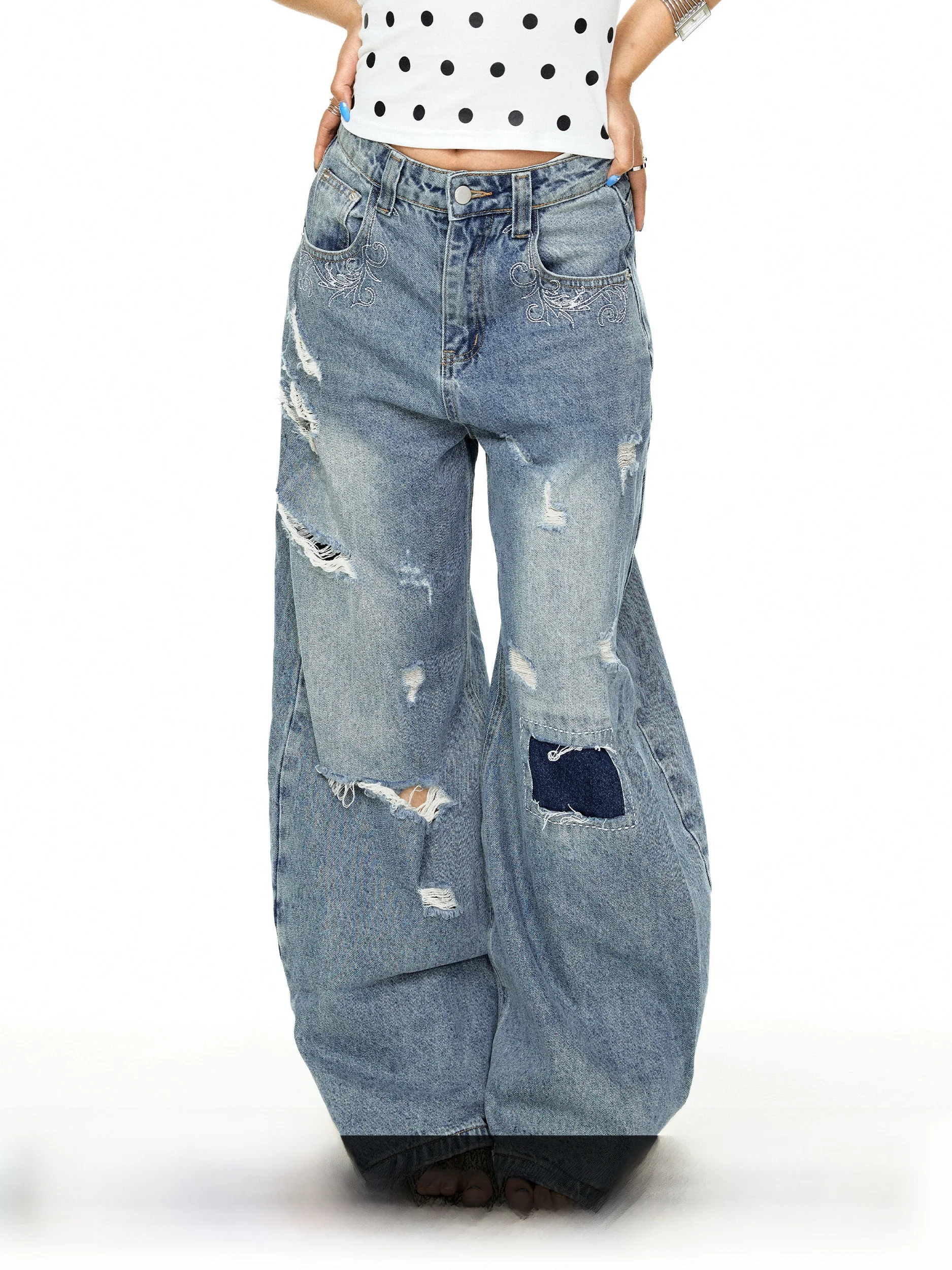 

Джинсы Blackbb в американском стиле, выбеленные, с эффектом потертости, женские, летние, новые, свободные, повседневные, широкие, в пол