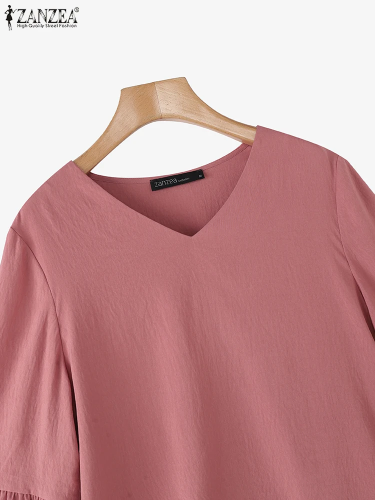 ZANZEA Fashion Autumn Women Tops V-Neck 3/4 Flare Sleeve Solid Color Blouses Shirts 2025 Casual Loose Ruffled Oversized Blusas