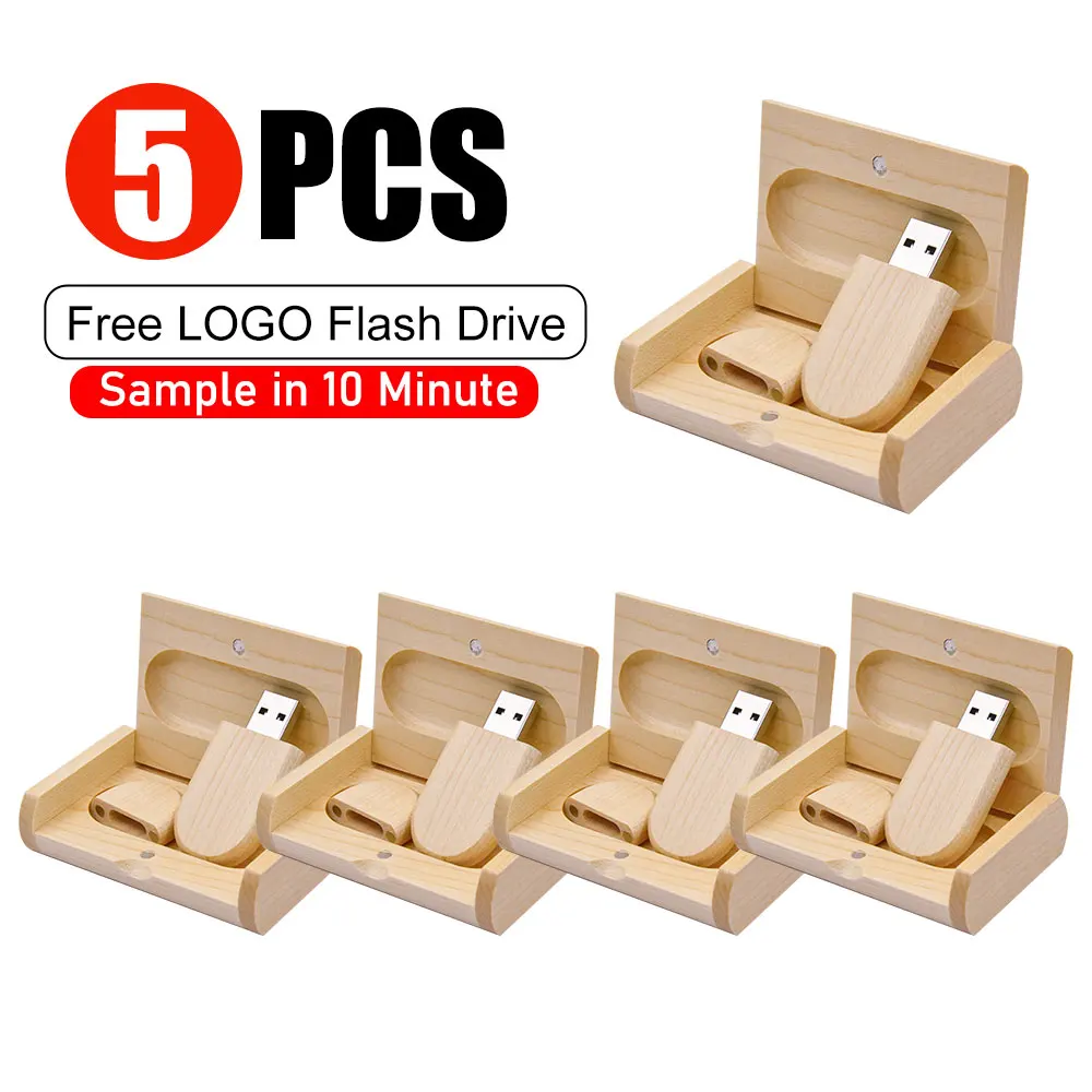 5pcs/lot Wooden Box USB Flash Drive USB 2.0 Free Custom Logo Pen Drive 128GB 64GB 32GB Memory Stick Photography Wedding Gifts