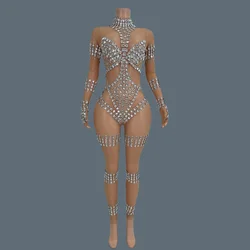 Women Sexy Transparent Playsuit Sparkly Crystals Rhinestones Mesh Strechy Jumpsuit Dance Costume Performance Stage Outfit Dunpai