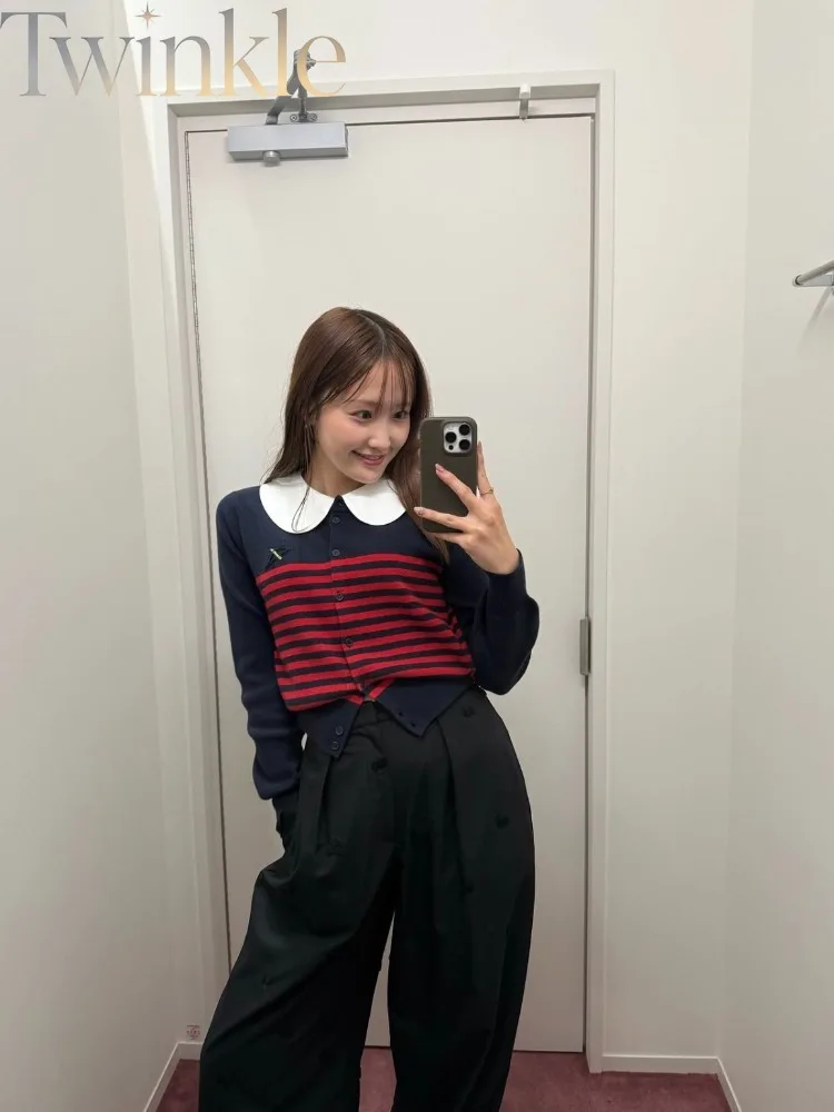 Women Striped Knitted Cardigan Peter Pan Collar Star Embroidery Contrast Color Cropped Slim Fit Early Autumn Sweater Coat