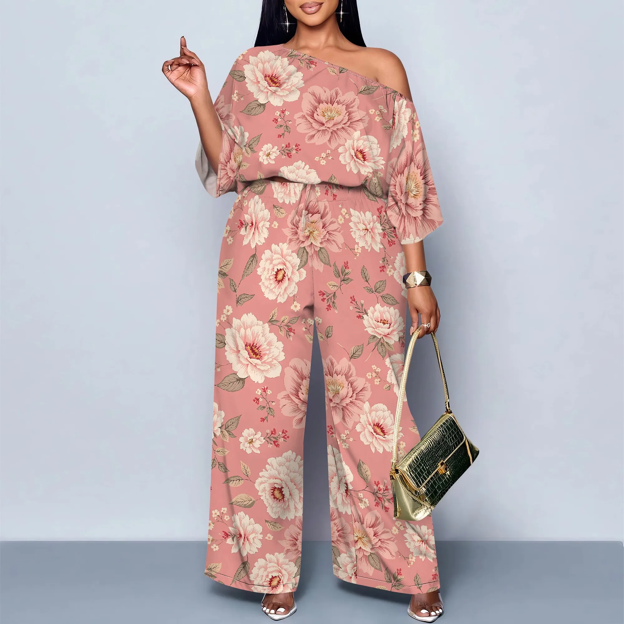 

EQQZD Elegant & Exquisite Floral Print Slanted Shoulder & Palazzo Pants Set, Modern Trendy Casual Two-piece Set for Women
