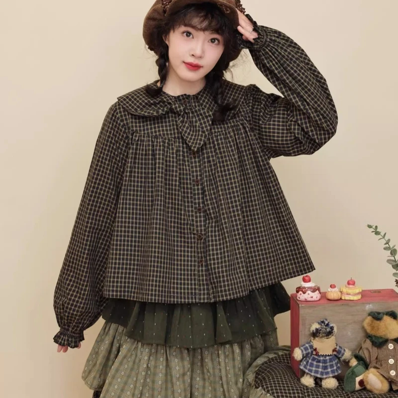 الأصلي الرجعية تصميم فتاة الأخضر الداكن منقوشة القوس طوق قميص نسائي 2025 الخريف جديد Y2k تنوعا Ruched قمصان فضفاضة السيدات #5