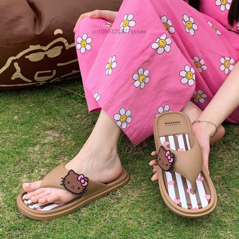 Cute Hello Kitty Flat Bottomed Beach Sandals, Women's Hawaiian Style Slipper Black Skin Cartoon Flip Flops, Women's Summer Shoes