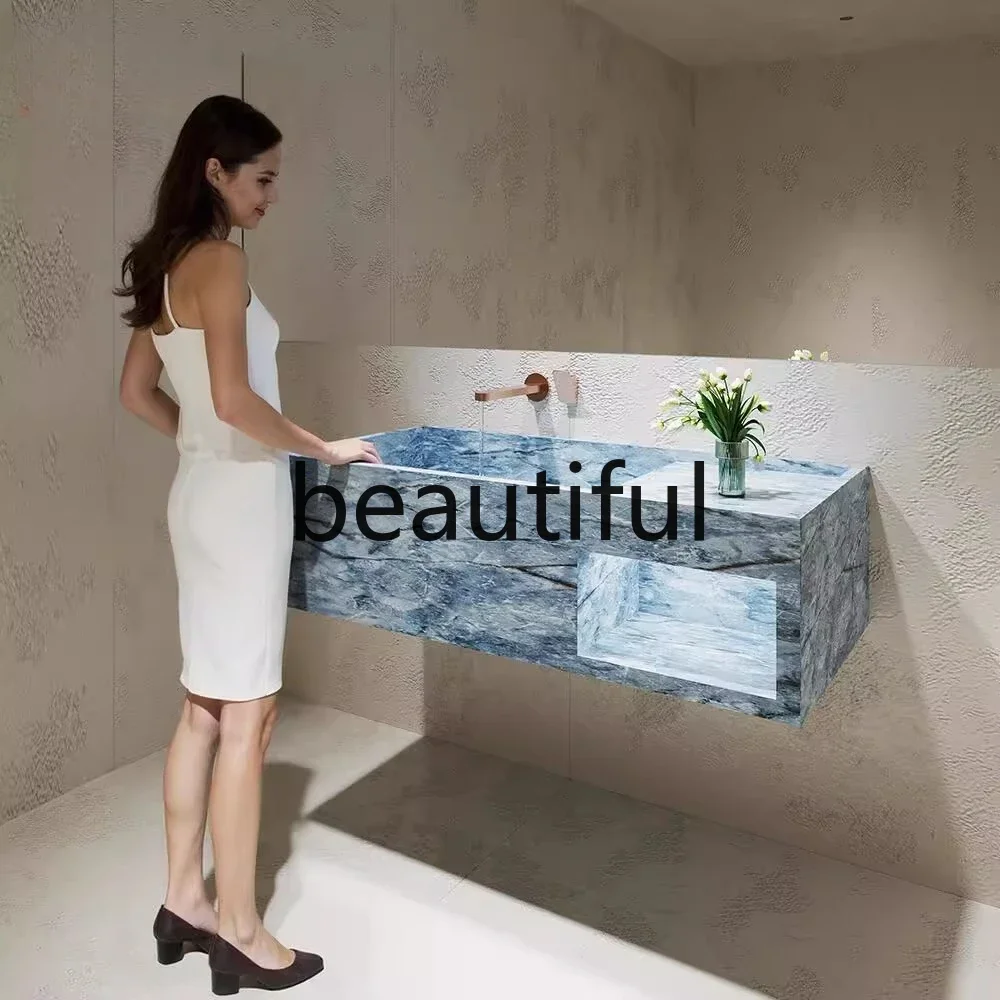 اليشم الأزرق حافة ضيقة بالوعة عميقة ضوء الرخام الفاخرة لوح الصخور غسل اليد مغسلة الحمام خزانة حمام
