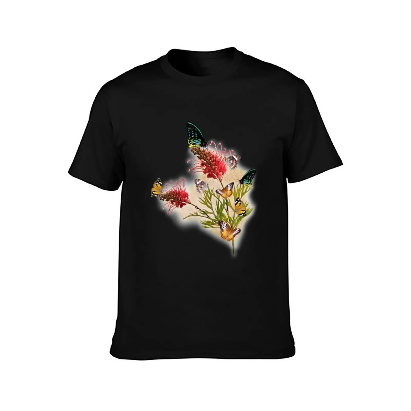 Bunch of Butterflies on Grevillea tan background T-Shirt, Summer Casual Cotton Tee, Oversized Streetwear Tops, Unisex Men Women