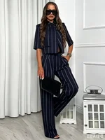 Women's Suit Set with Lapel, Short Sleeve, Linen Blend, Striped, Short Blazer, Straight-Leg Pants, Elegant Office Casual Fashion 2