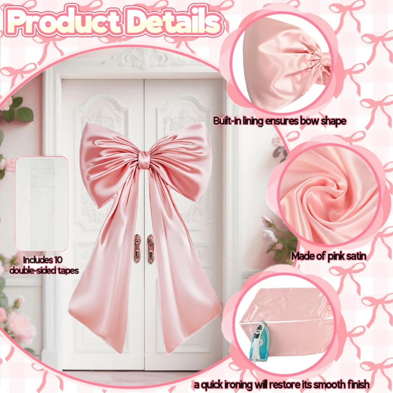 Große rosa 40x24 Zoll Satinband-Schleife für Geburtstags-Coquette-Raumdekoration, riesige pastellrosa Wanddekoration zum Aufhängen für Ballerina-Mädchen – Detail 5