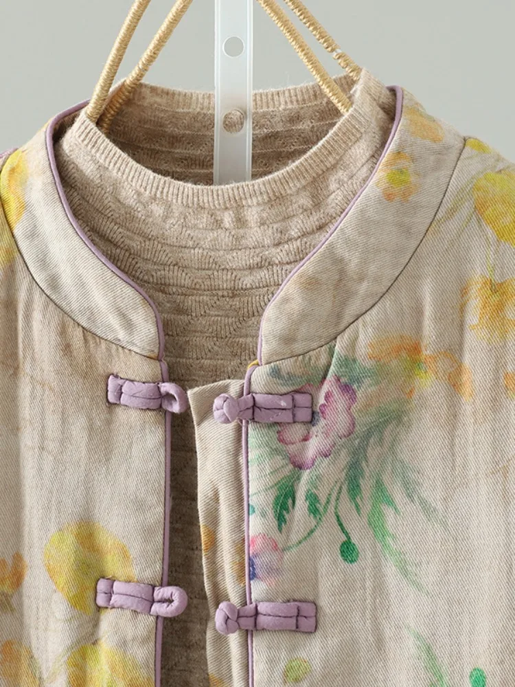 New National Style Printed Cotton Linen Jacket Women's Winter Large Size Home Clothes Handmade Button Stand Collar Cotton Coat