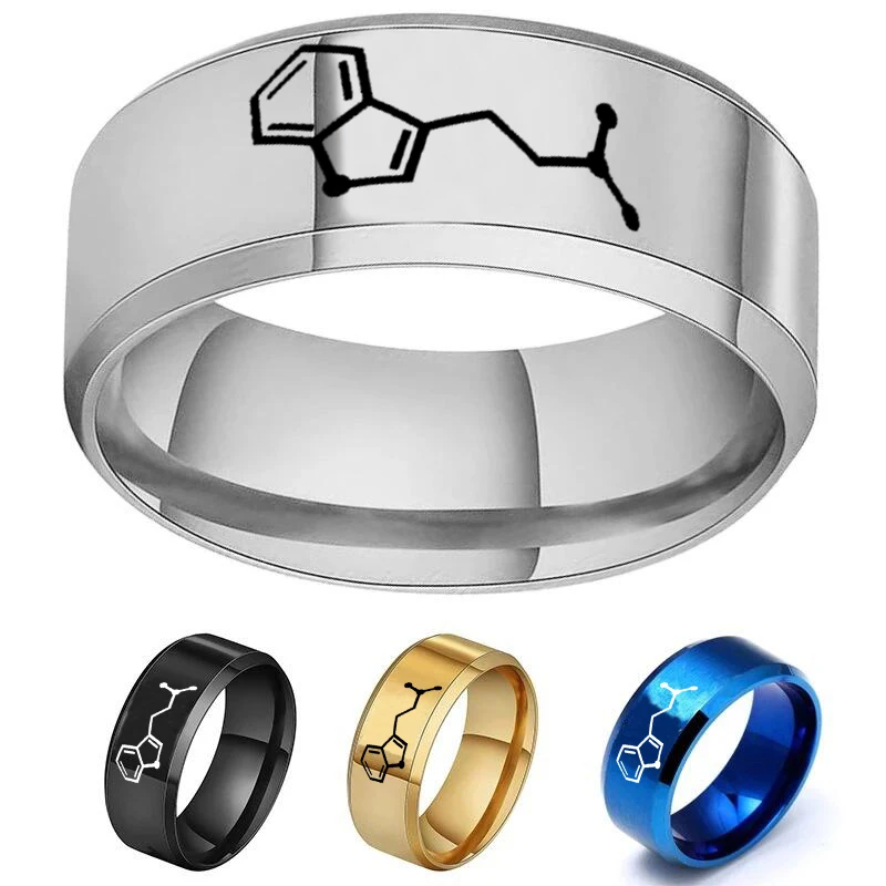 Steel Color DMT Biomolecules Symbol Ring Chemical Molecular Structure Stainless Steel Rings for Student Research Scholar Jewelry