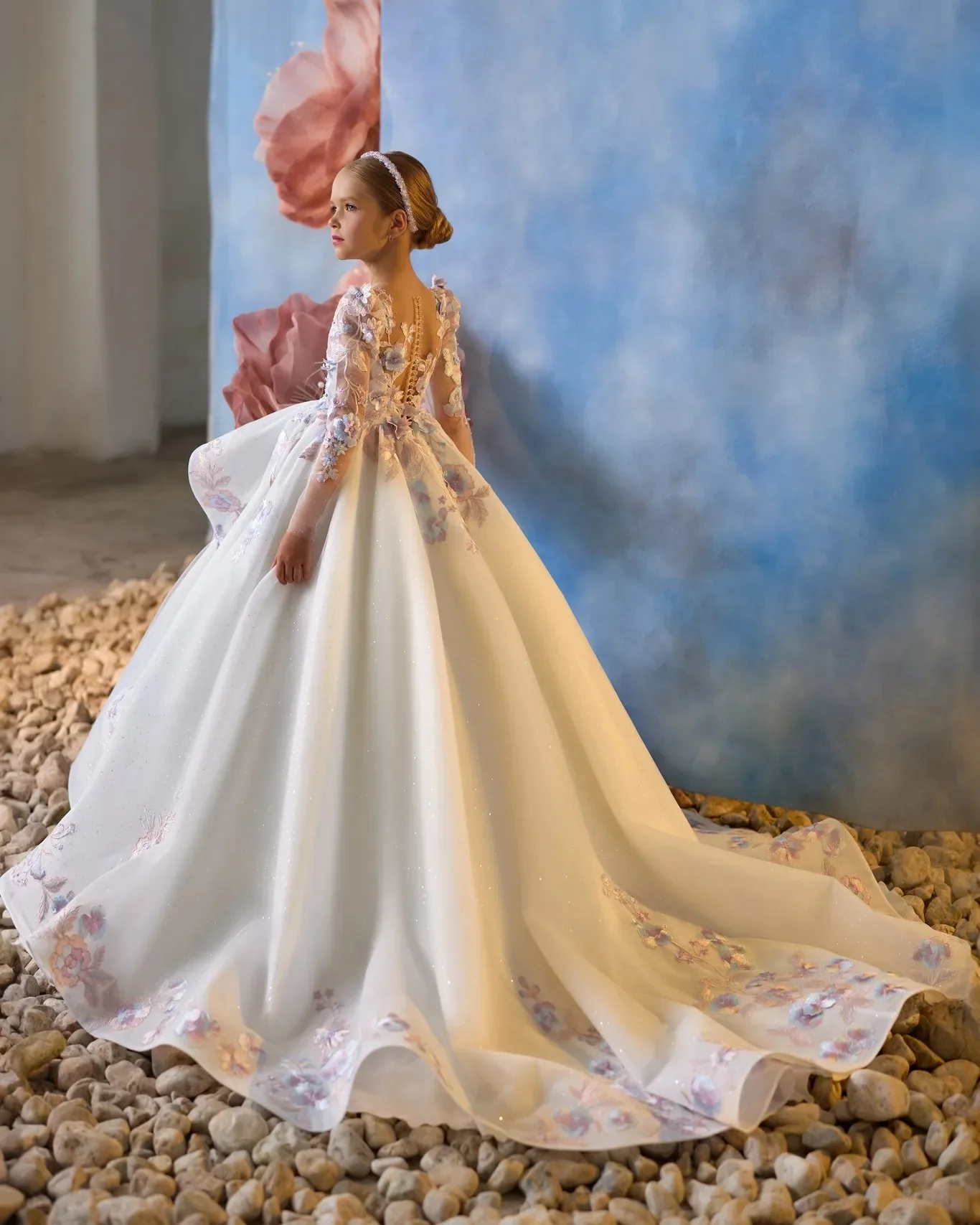 Robes de demoiselle d'honneur pour mariage, avec des Appliques en dentelle, manches longues, robes de princesse pour séance photo, robes de première Communion personnalisées