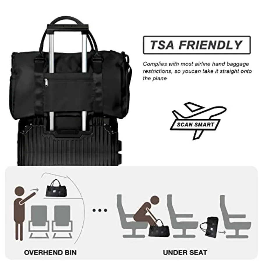 Small Black Sports Gym Duffel Bags for Women Men, Travel Totes Bag Cute Weekender bag with Wet Pocket and Shoe Compartment for view 6