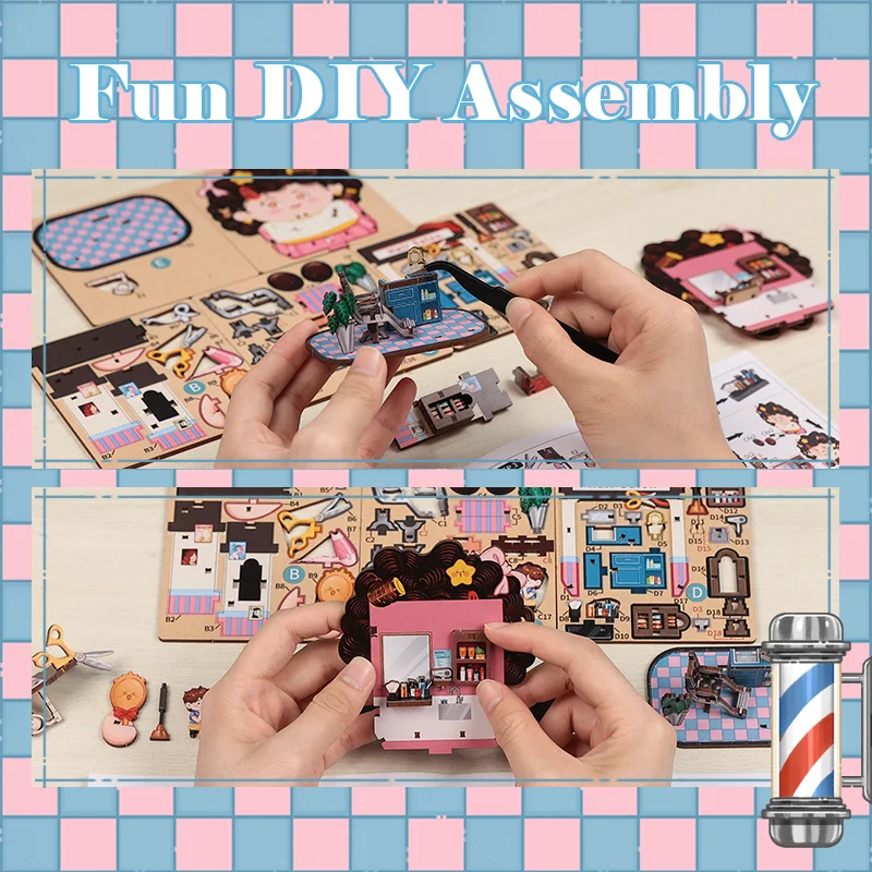 CUTEBEE سلسلة متجر صغير لتقوم بها بنفسك منزل مصغر ثلاثية الأبعاد ألعاب ألغاز خشبية اليدوية دمية عدة لعلبة الزاوية الشعر سولان