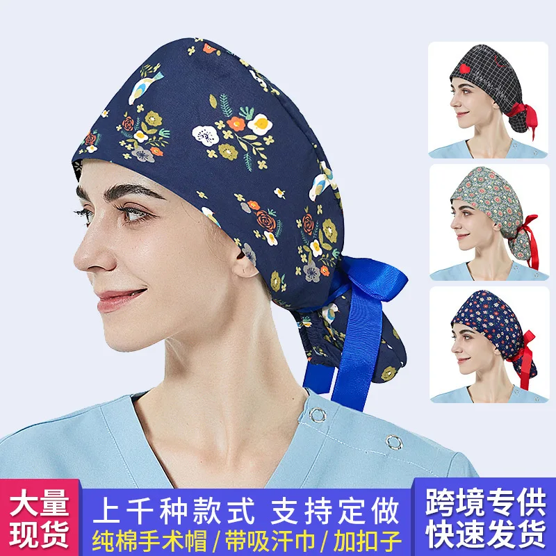 New Butterfly Tail Long Women's Nurse Anti Hair Loss Cap, Surgical Hat, Pure Cotton Sweat Scarf, Printed Hat