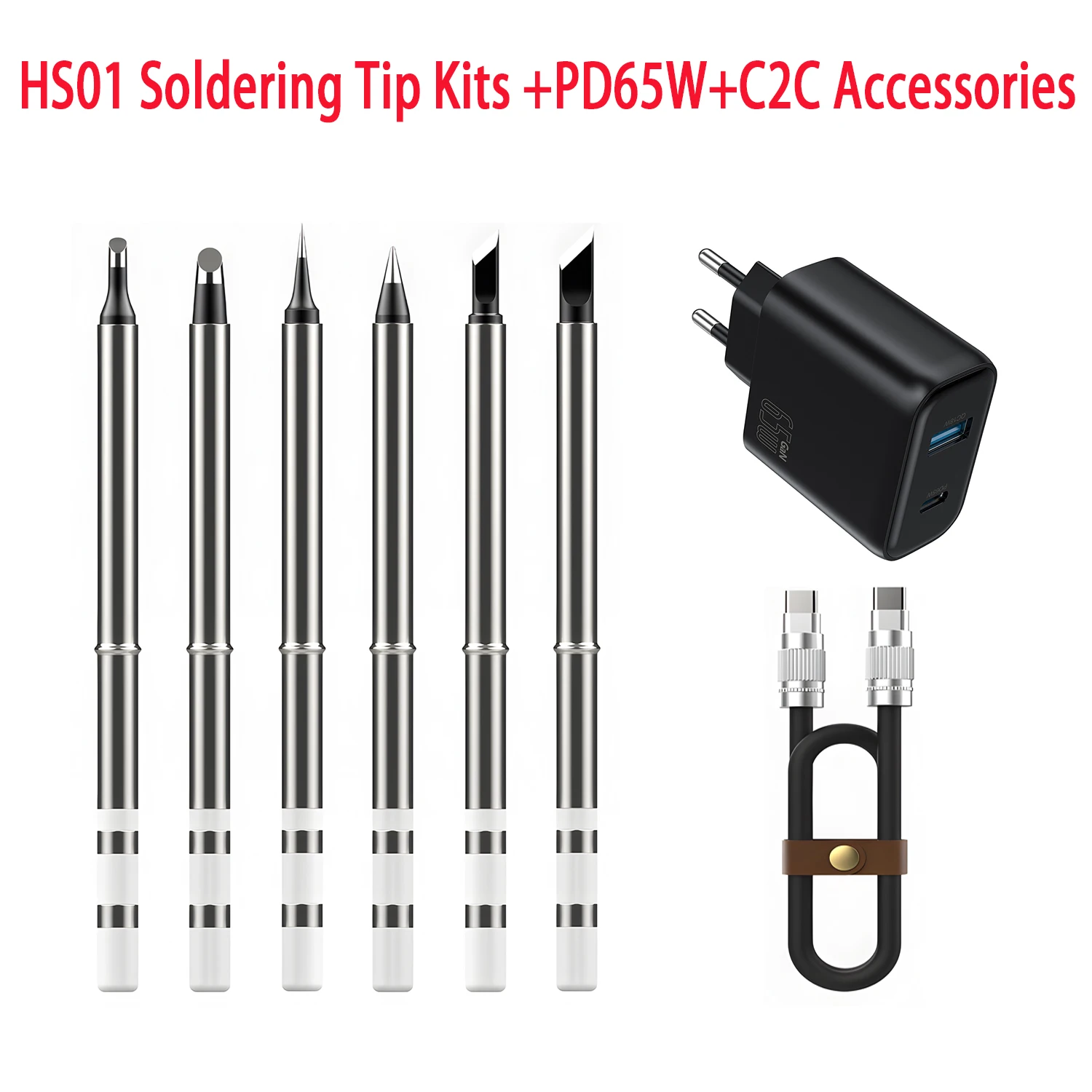 HS01-B2/BC2/BC3/K65/KR/ILS Replace Soldering Tip Kits PD65W Adapter 100W C2C Cable Accessories for Fnirsi HS01 Soldering Iron