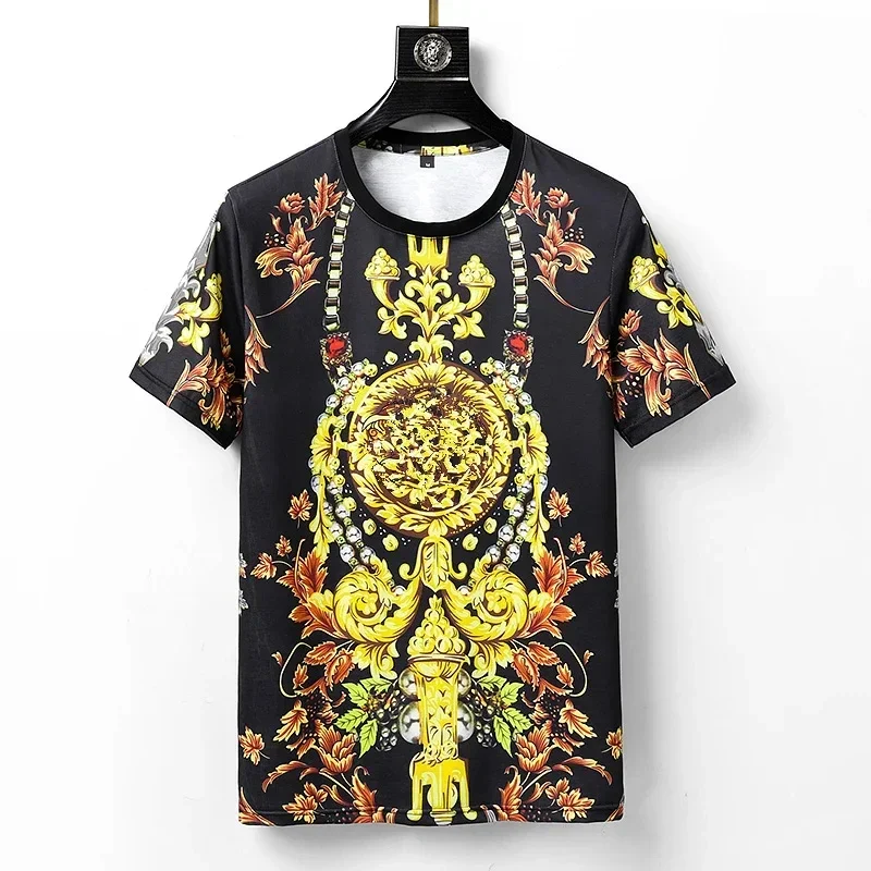 New Retro Fashion Summer Baroque 3D Printed T-shirt for Men and Women, Royal Gold Flower Street Casual Fashion Breathable Top