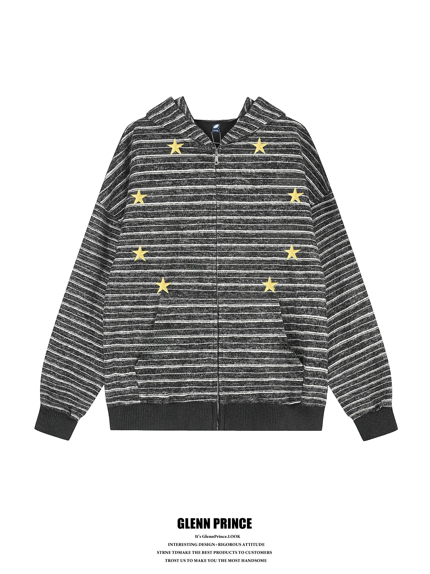 American Style Heavyweight 450g Embroidered Stars Hoodie Men's Loose Lazy Style Open Cardigan Jacket Long Sleeve Zipper Closure
