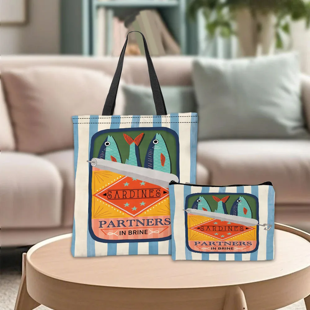 Sardine Partners Graphic Handbag Cosmetic Pouch Combination Bags Retro Marine Colorful Daily Use Shoulder Bag Travel Work Bags