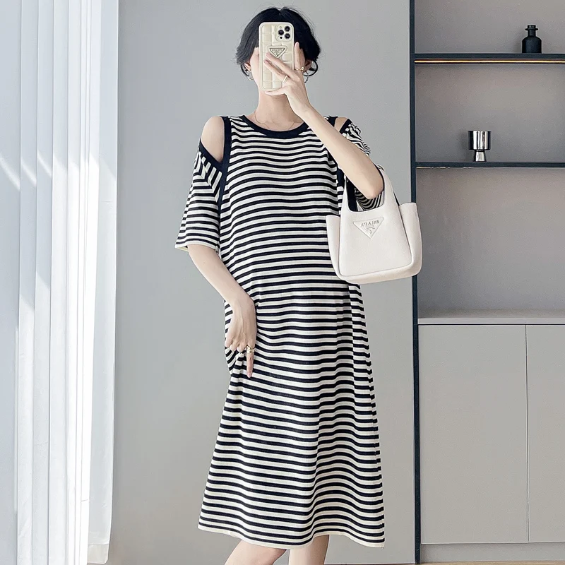 

2024 Summer Black White Striped Dress for Maternity Hollowed Out Shoulder Short Sleeve O-Neck Knee-length Pregnant Woman Dresses