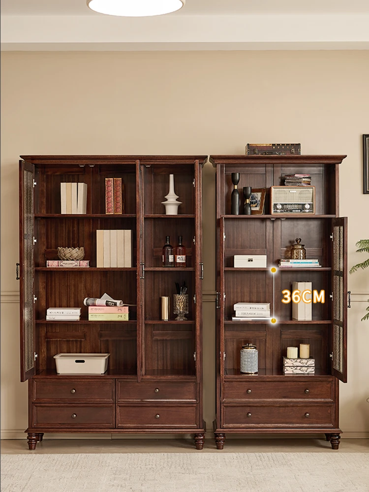 

XL Solid Wood Three-Door Two-Door Bookcase with Glass Doors Vintage Style Bookshelf Storage Wine Cabinet