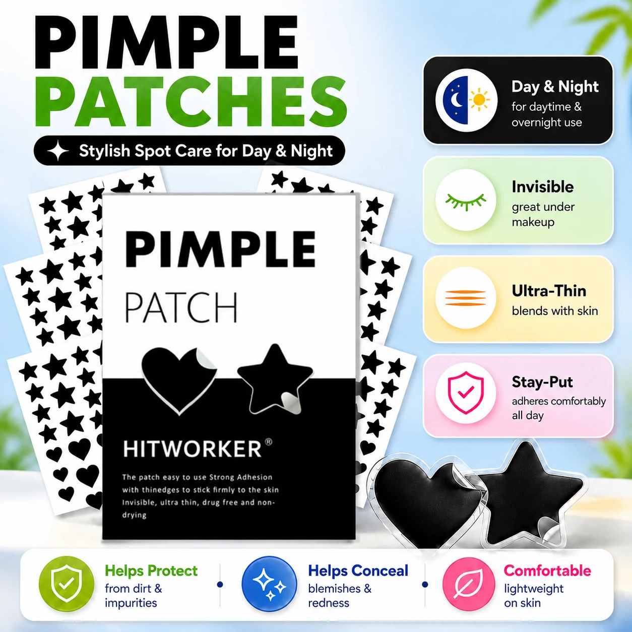 360PCS Heart & Star Shaped Acne Pimple Patches, Hydrocolloid Invisible Blemish Stickers, Absorb Spot Cover Patches for Facial Sk