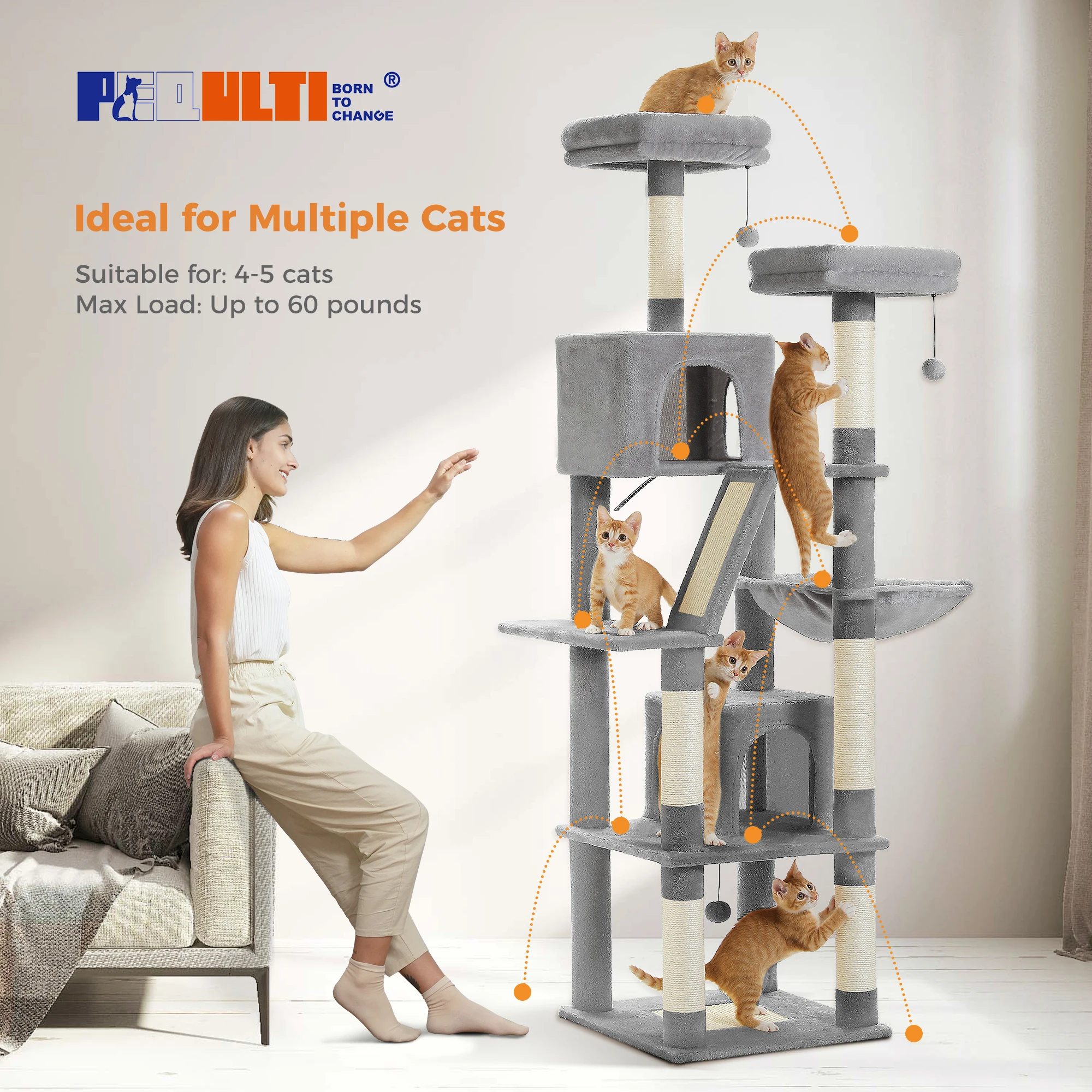 Tall Cat Tree Large Cat Tower for Indoor Cats Multi-Level Plush Cat Condo with Scratching Posts Scratching Boards Perches Caves