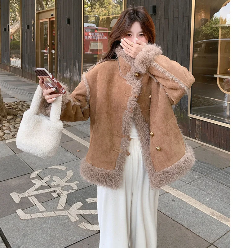 

Retro Furry Spliced Suede Jacket for Women 2025 Winter, Melard Thickened Leather and Fur Combined Cotton Coat