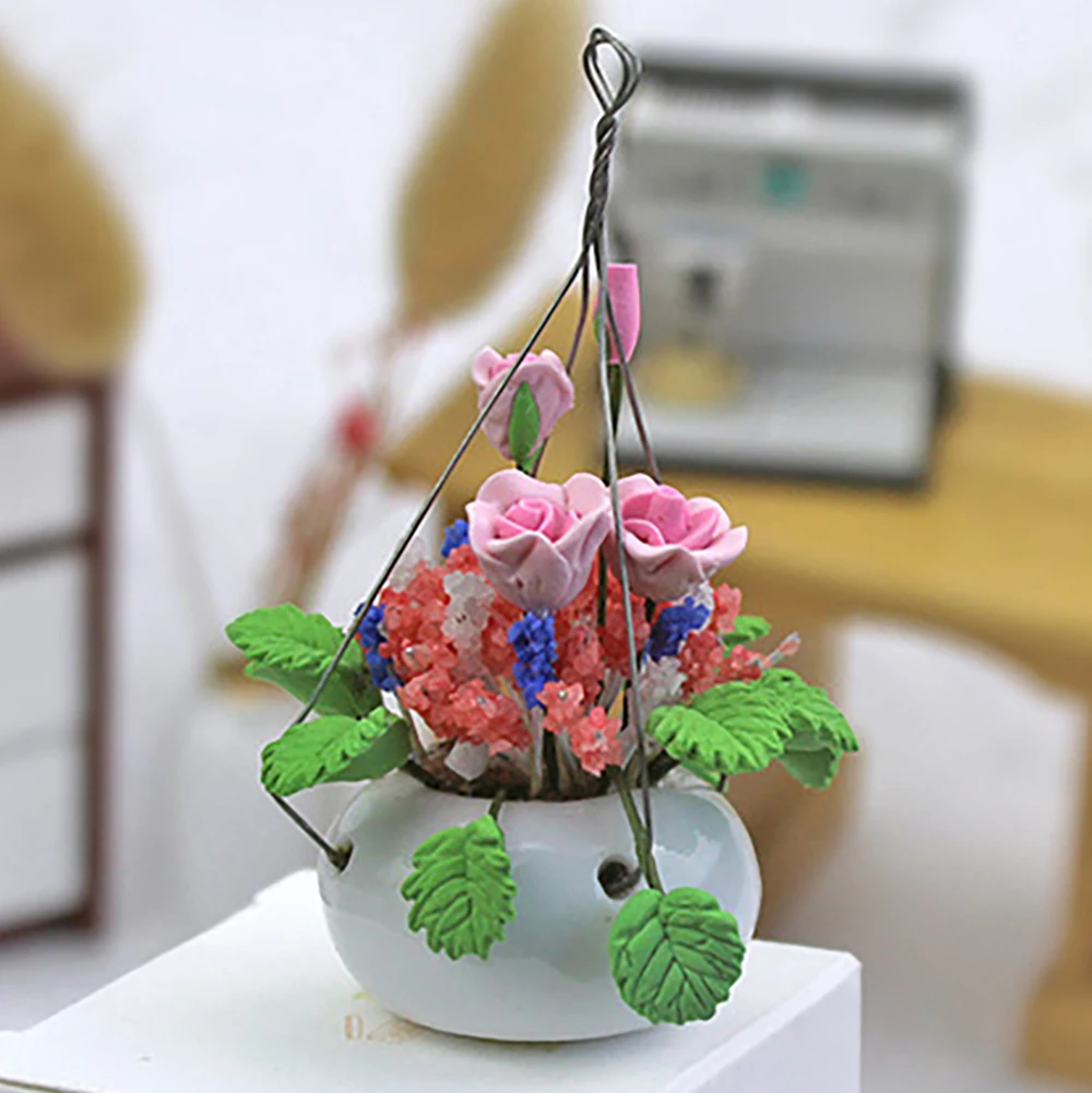 1/12 Dollhouse Miniature Accessories Mini Rose Potted Plant Simulation Hanging Flower Model for Doll House Decoration ob11 bjd