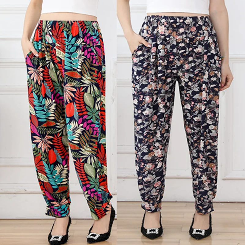 

Elegant Lantern Pants for Middle-Aged Women Summer Casual Loose Fit Ice Silk Thin Print Nine-Piece Elastic Waist Casual Pants